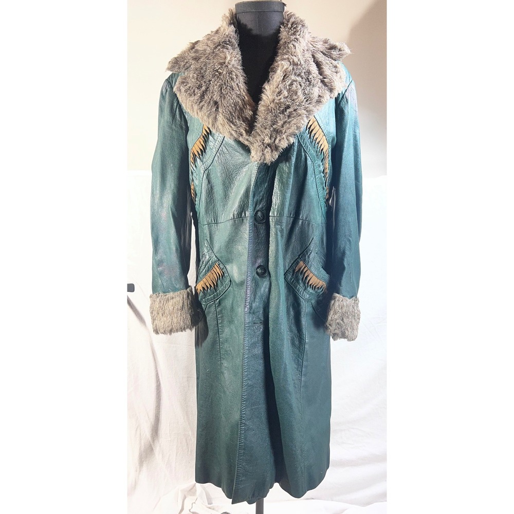 VTG Trevi Intl green Leather Long Coat Faux Fur Collar Festival Retro